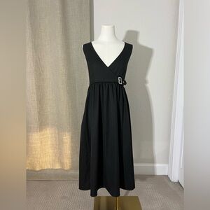 Disturbia Black Midi Dress with V-Neck and Buckle Detail